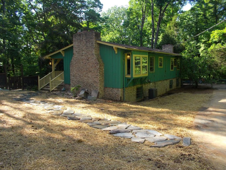 45 days ago, after seeding and straw.  The old slate flagstones are down to serve as a temporary path.